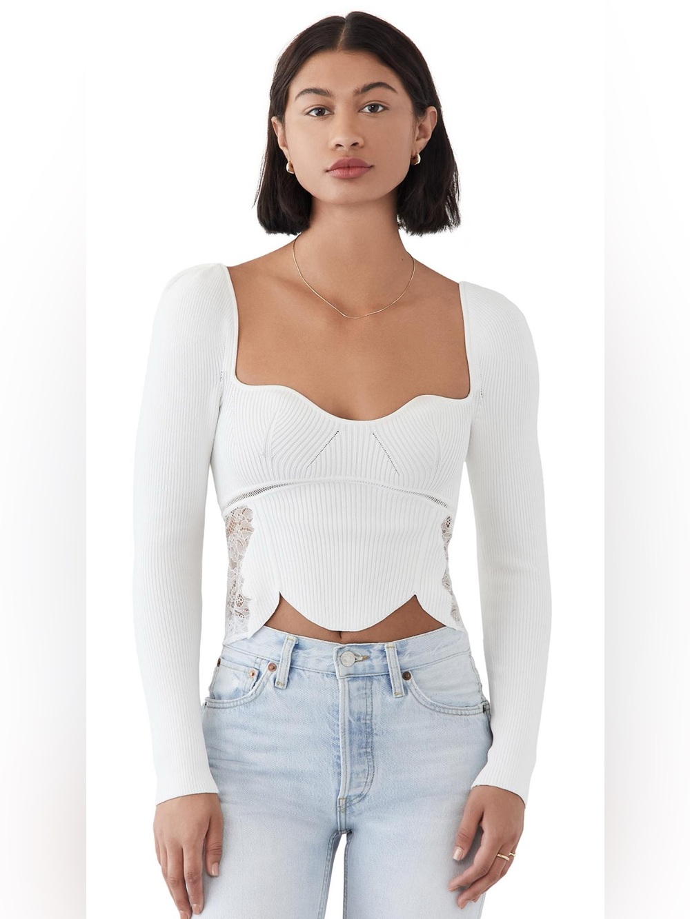 New! Self Portrait Ribbed Knit Long Sleeve Scallop Hem Lace Details Top 🤍 Small